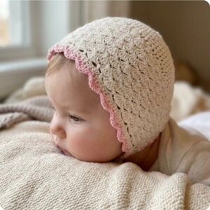 Crochet, Vintage Infants Ivory & Pink Cotton Crocheted Bonnet Made in 1950